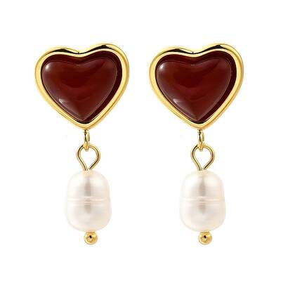 Heart 304 Stainless Steel Red Agate Dangle Stud Earrings