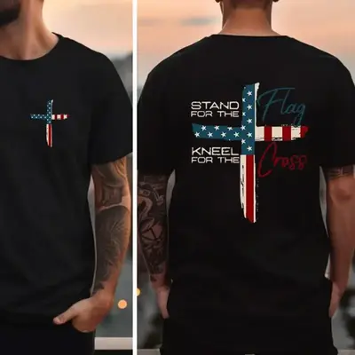 Stand For The Flag Kneel For The Cross 4th Of July 2 Sided T-Shirt, Graphic Tees for Women Cotton Fabric Casual Crew Neck Sho...