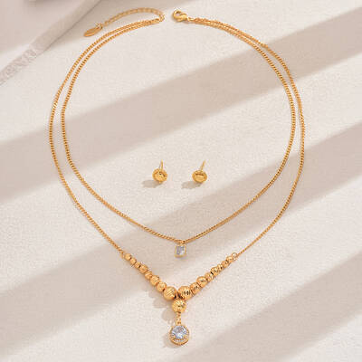 Fashionable Vintage Brass Flat Round Double-layer Pendant Necklace & Stud Earring Set for Women