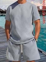 Two-Piece Set Men's Solid Color Tee & Shorts Set, Regular Fit Casual Short Sleeve T-shirt & Drawstring Waist Shorts, Summer C...