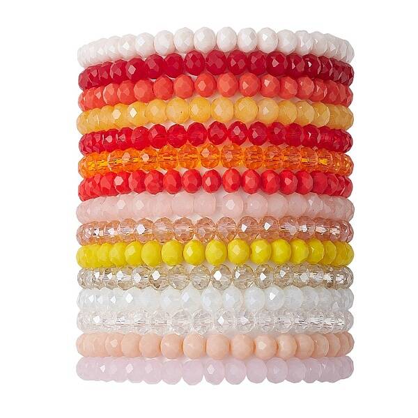 15Pcs 15 Styles Faceted Rondelle Glass Beaded Stretch Bracelet Sets