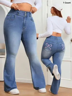 ćPlus Sizeć Butterfly Print Back Pocket Jeans Pants, Casual Fashion Denim Jeans for Daily Outdoor Wear, Women Plus Clothi...