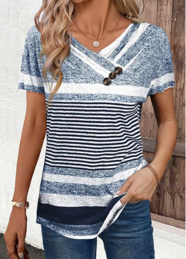 Modlily Navy Button Striped Short Sleeve V Neck T Shirt - L