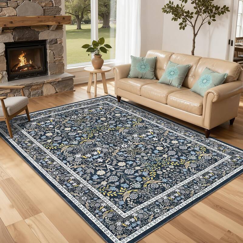 Garvee Floral 5x7 Area Rug Vintage Boho Washable Non-Slip Faux Wool Soft Stain-Resistant Low Pile Blue Living Room Bedroom