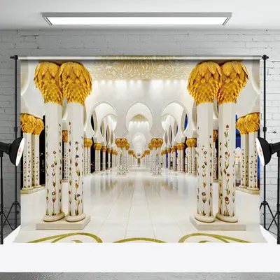 Luxury White Gold Palace Corridor Photo Backdrop - Aperturee