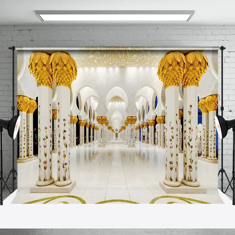 Luxury White Gold Palace Corridor Photo Backdrop - Aperturee