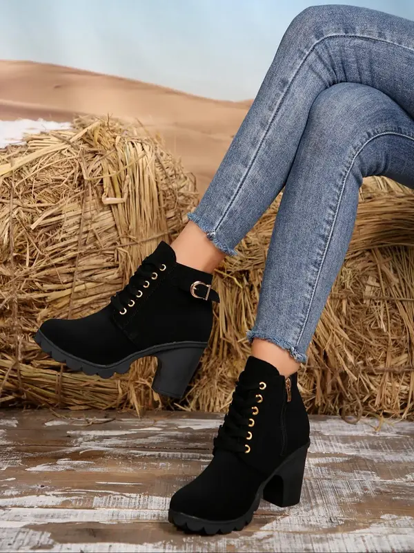 Women's Fashionable Solid Color Block Heel Ankle Boots, Casual Comfortable Round Toe  Footwear  for Daily Wear, Female All-ma...