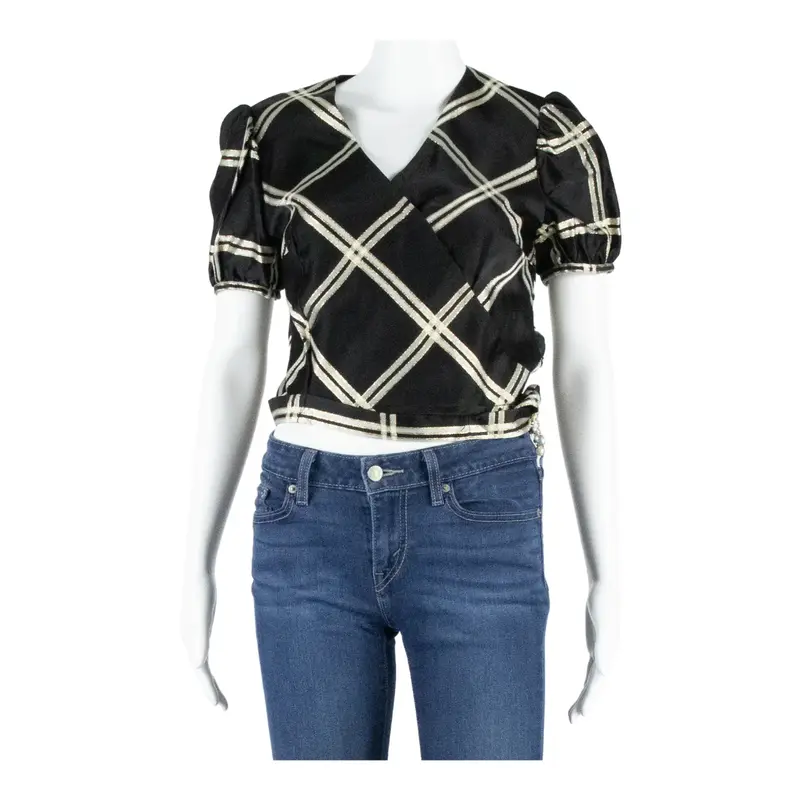 Womens Wrap Blouse Black V-Neck Puff Sleeve Diamond S