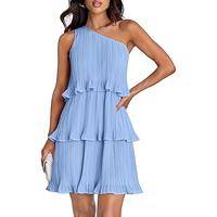 ZESICA Women's 2024 Summer Sleeveless Mini Dress Boho One Shoulder Ruffle Tiered Layered Chiffon Flowy A Line Dresses