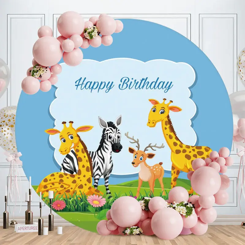 Aperturee Animals With Grassland Round Happy Birthday Backdrop