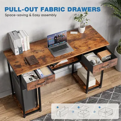 Computer Desk Home Office Bedroom Writing Study PC Table with Storage Space Fabric Side Bag Headphone Hook Metal Frame Adjust...