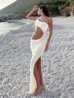 Women's Solid Color One Shoulder Crochet Cover Up Dress, Casual Sleeveless Beach Cover Up Dress for Vacation Holiday, Ladies ...