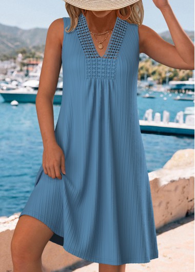 Modlily Dusty Blue Embroidery A Line Sleeveless V Neck Dress - XL