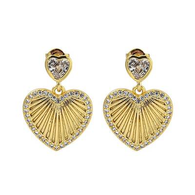 Heart Brass Pave Clear Cubic Zirconia Stud Earrings