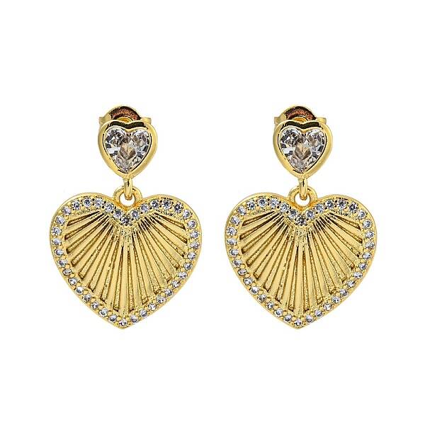 Heart Brass Pave Clear Cubic Zirconia Stud Earrings