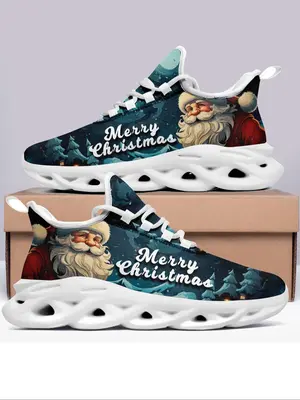 Men's Christmas Themed Print Lace Up High Top Sneakers, Casual Comfortable Sports Shoes for Daily Wear, Male All-match Round ...