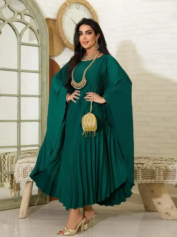 Women's Solid Color Pleated Batwing Sleeve Kaftan Dress, Elegant Long Sleeve Round Neck Dress for Party Holiday Wedding Guest...