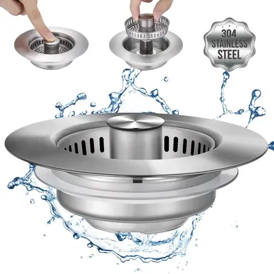 Upgraded 3 in 1 Kitchen Sink Drain Strainer - Stainless Steel Sink Stopper, Anti-Clogging Sink Food Catcher Basket, Fast Drai...