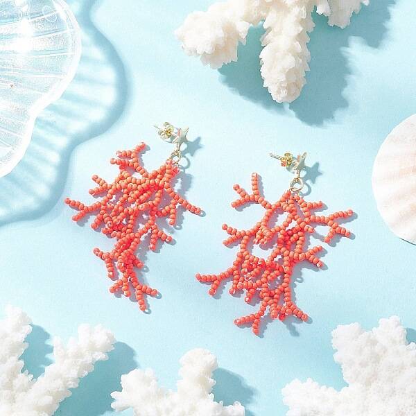 Star with Coral Handmade Glass Seed Beads Tassel Stud Earrings