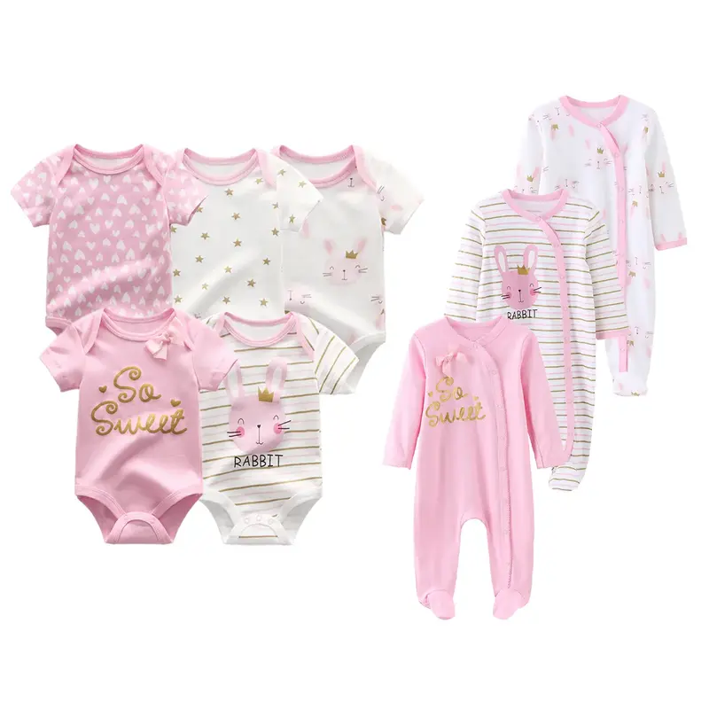 Kiddiezoom Boy and Girl Newborn Baby 5-Piece Short Sleeve Bodysuits And 3-Piece Long Sleeve Baby Multiple Color Jumpsuit, 0-1...