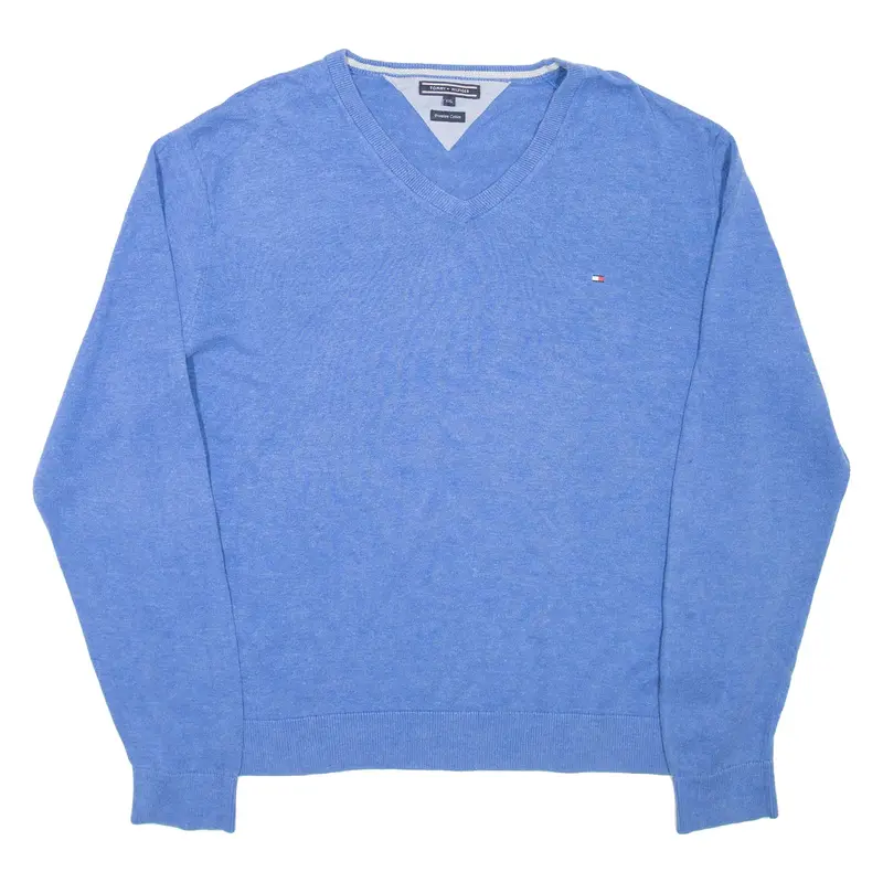 TOMMY HILFIGER Mens Jumper Blue V-Neck Tight Knit 2XL