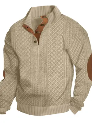 Men's Colorblock Patchwork Jacquard Button Front Sweatshirt, Regular Fit Casual Long Sleeve Stand Collar Sweatshirt for Fall ...