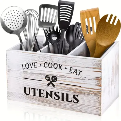Kitchen Utensil Storage Box, 1 Count Wooden Kitchen Utensil Holder, Desktop Cutlery Storage Box, Home Organizer for Kitchen A...