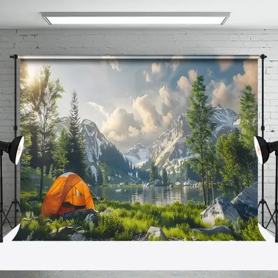 Aperturee Tranquil Outdoor Camping Scene Mountains Backdrop