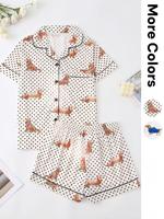 Women's Animal Dot Dog Print Pyjama Set, Casual Comfy Short Sleeve Collared Top & Elastic Waist Shorts Pj Set, Ladies Sleepwe...