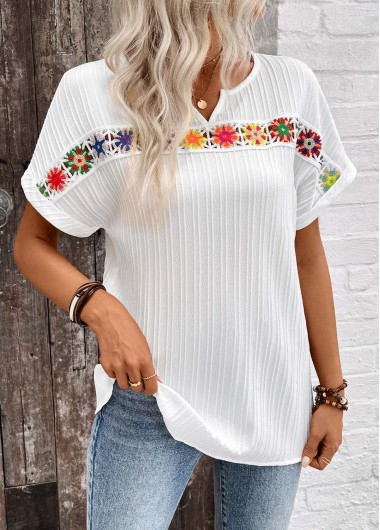 Modlily White Patchwork Short Sleeve Split Neck Blouse - XL