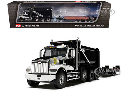Western Star 49X Truck with Ox Bodies Dump & Beaver Tail Trailer Black with White Graphics 1/64 Diecast Model by DCP/First Ge...