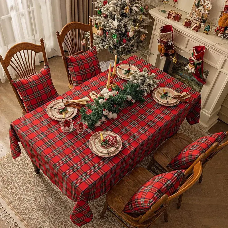 Retro Nordic Plaid Red Check Holiday Tablecloth - Aperturee