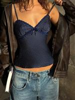 Women's Polka Dot Print Lace Trim Crop Cami Top, Casual Spaghetti Strap Top for Summer, Fashion Women's Top for Daily Wear, W...