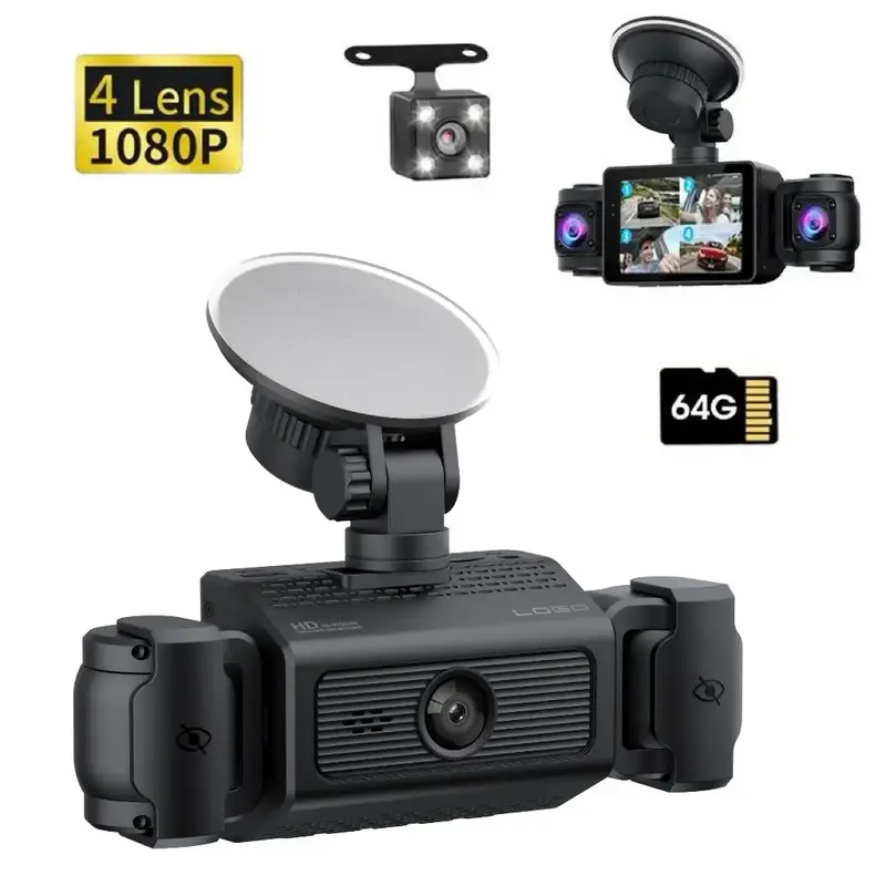Dash Cam 4 Channel Front and Rear Inside, 360° Car Camera 1080P, Dash Camera Dashcam with 64GB Card,  Night Vision, 24H Park...