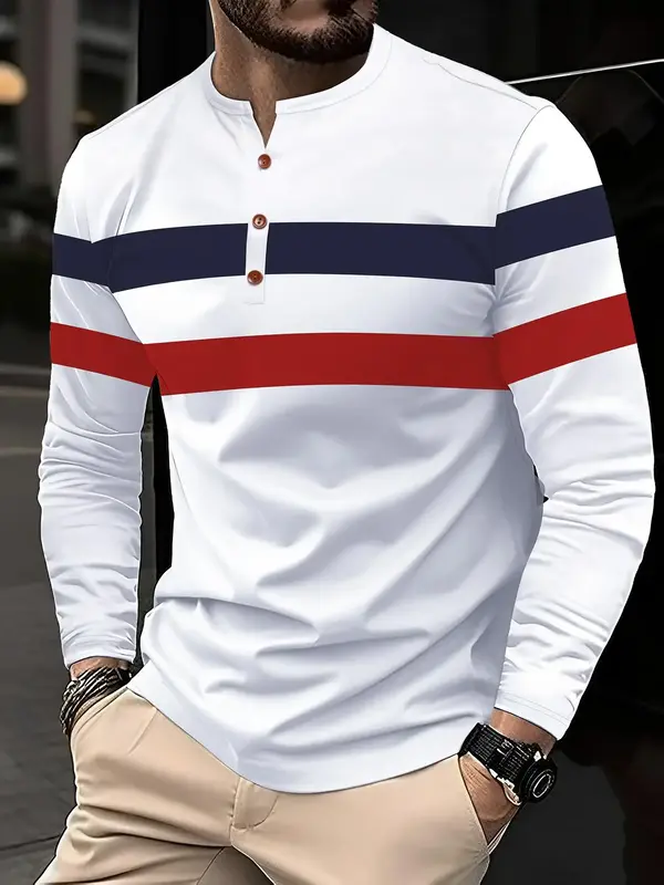 Men's Colorblock Print Button Front Half Placket Shirt, Regular Fit Casual Long Sleeve Round Neck Top for Fall & Winter, Men'...