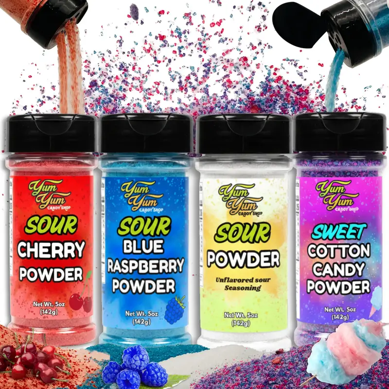 Sweet & Sour Candy Powder Shaker Bottles Blue Raspberry, Cotton Candy, Wild Cherry, Plain Dessert Drink Toppers Tangy