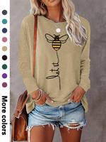 Women's Cartoon Bee Print Round Neck Tee, Casual Long Sleeve Crew Neck T-shirt for Fall & Winter, Women's Top for Daily Wear