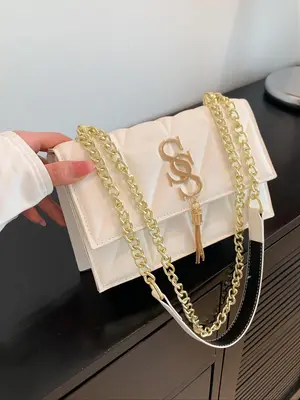 Women's Summer Chain Strap Letter & Tassel Decorated Flap Shoulder Bag, 2025 Back To School Solid Quilted Square Bag, Vintage...