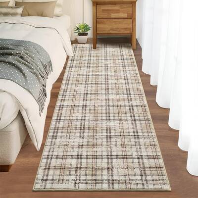 Garvee Tartan Plaid Washable Rugs Non Slip Kitchen Runner Rug 2'5''x12' Beige for Entryway Hallway Living Room