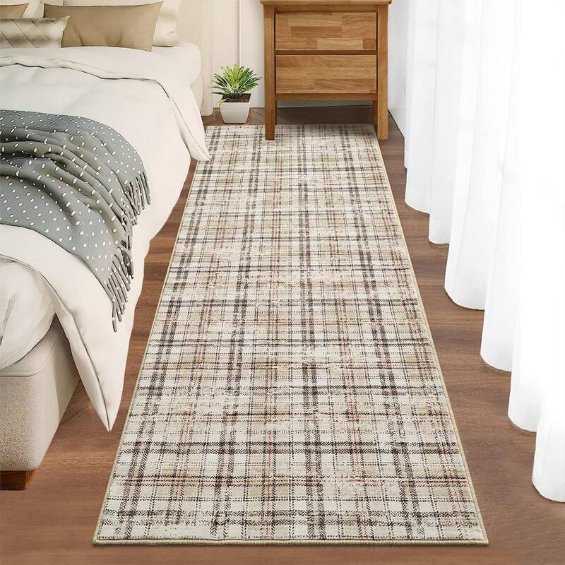 Garvee Tartan Plaid Washable Rugs Non Slip Kitchen Runner Rug 2'5''x12' Beige for Entryway Hallway Living Room