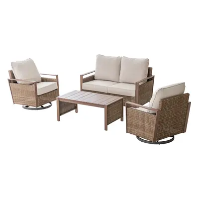 SUNJOY allen + roth Dorsey 4 -Piece Rattan Patio Sofa Conversation Set with Cream Cushions