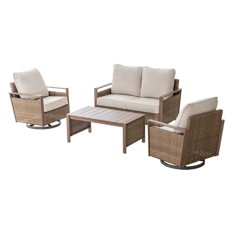 SUNJOY allen + roth Dorsey 4 -Piece Rattan Patio Sofa Conversation Set with Cream Cushions