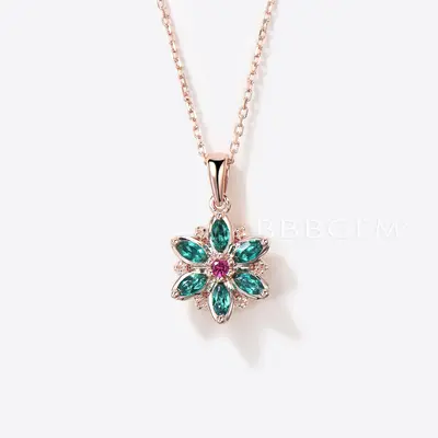 Marquise Cut Emerald Floral Pendant Rose Gold Nature Inspired Necklace