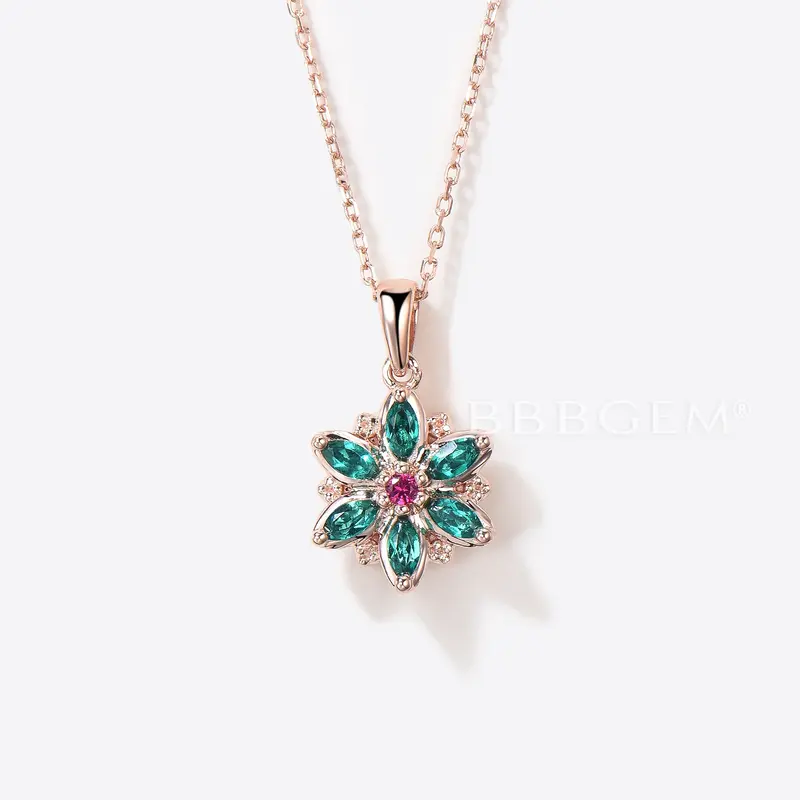 Marquise Cut Emerald Floral Pendant Rose Gold Nature Inspired Necklace