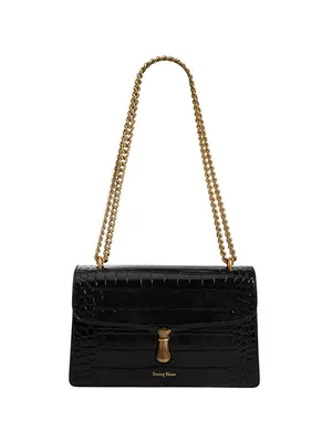 Smting Crocodile Chain Flap Bag with Hanging Flower Lock