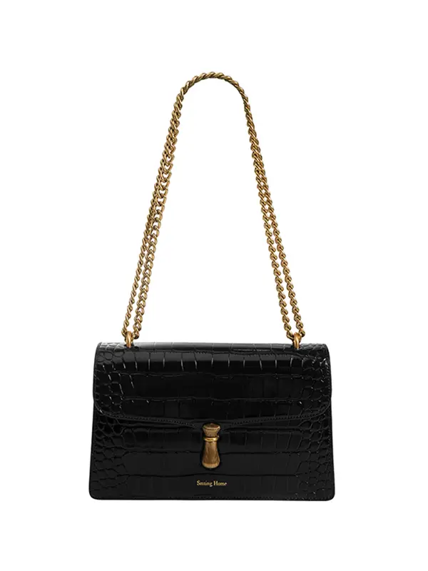 Smting Crocodile Chain Flap Bag with Hanging Flower Lock