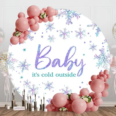 Aperturee White Purple Snowflake Round Baby Shower Backdrop, Diameter 5Ft/1.5M, 49 USD, round baby shower backdrops, RLH0F219...