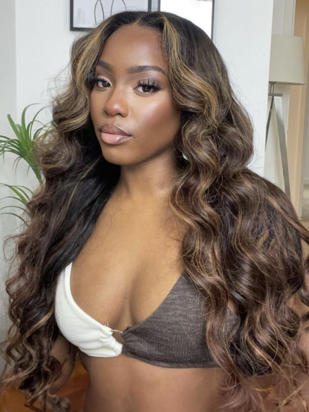 Balayage 13x5 Middle Lace Wig Body Wave Wig Shadow Root Blonde Highlight 150% Density