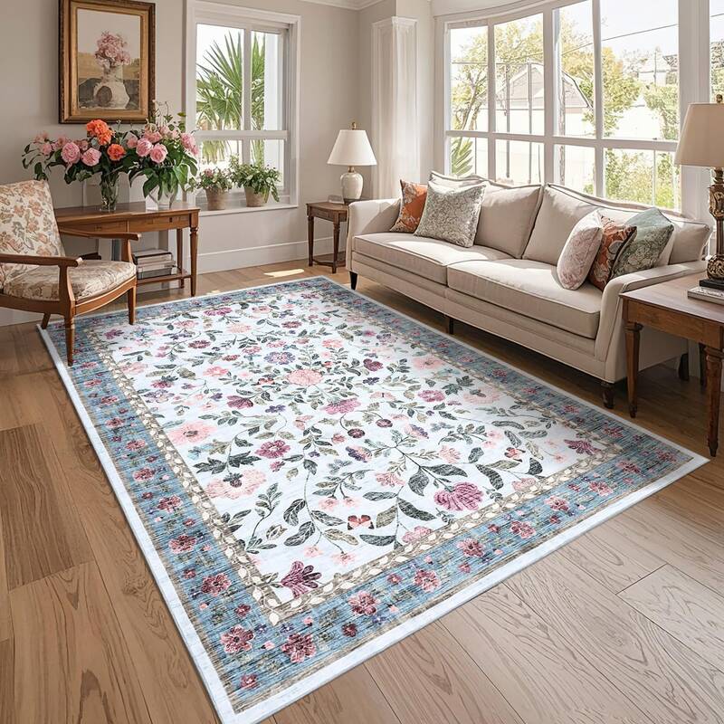 Garvee Washable Area Rug 8x10 Non-Slip Soft Vintage Living Room Rug, Low Pile Farmhouse Floral Carpet, Non-Shedding Foldable ...