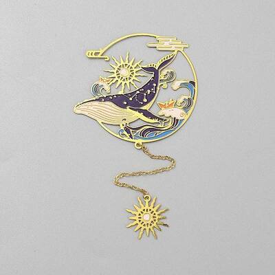 Chinese Style Brass Whale Sun Charms Bookmarks with Chain